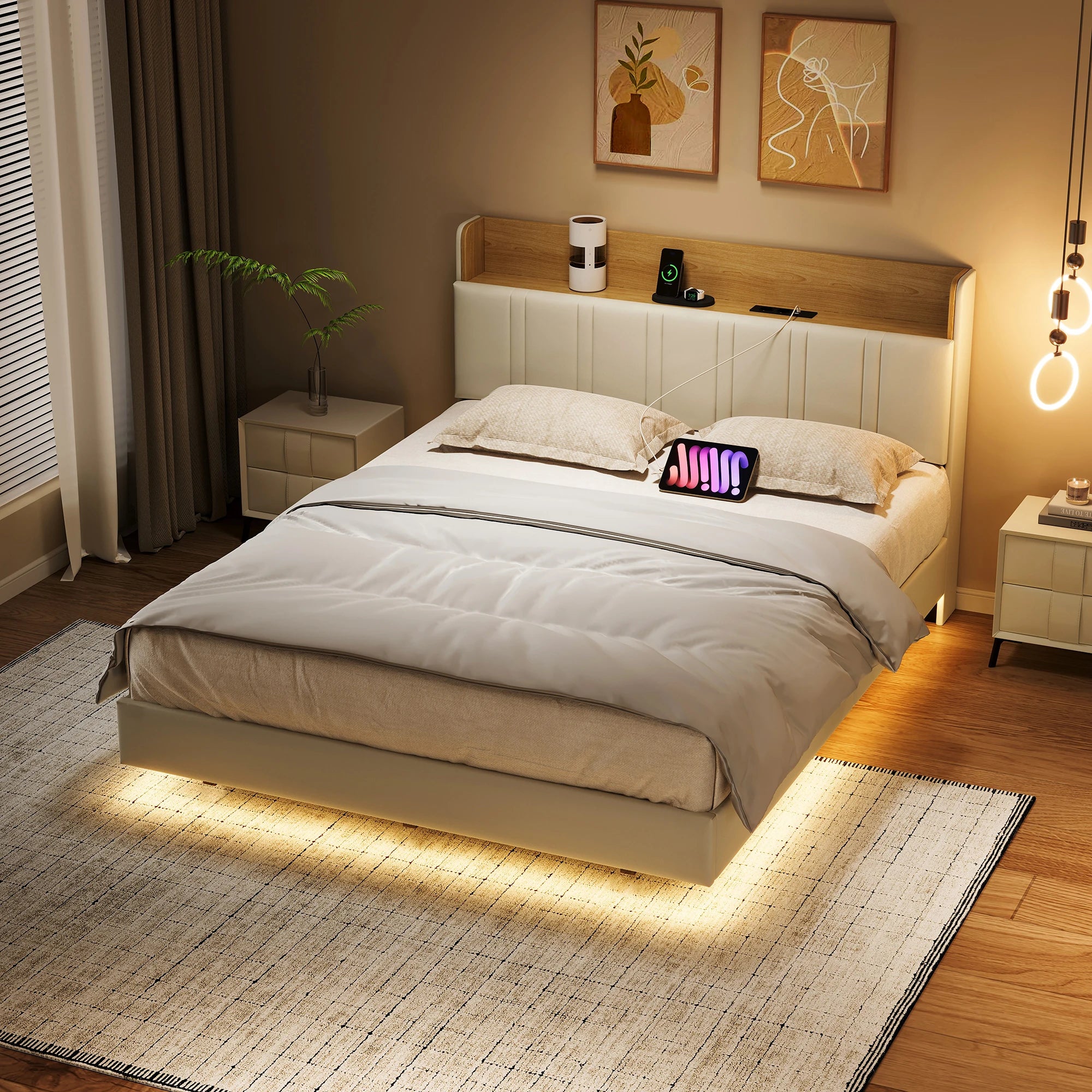 Rosahqnda Double Bed frame 140/160*200cm Floating Visual Effect bed with LED Lighting High Head Charging Station