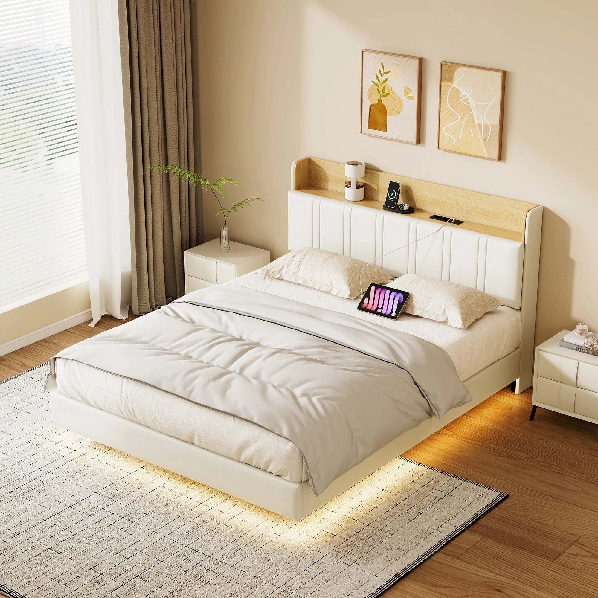 Rosahqnda Double Bed frame 140/160*200cm Floating Visual Effect bed with LED Lighting High Head Charging Station