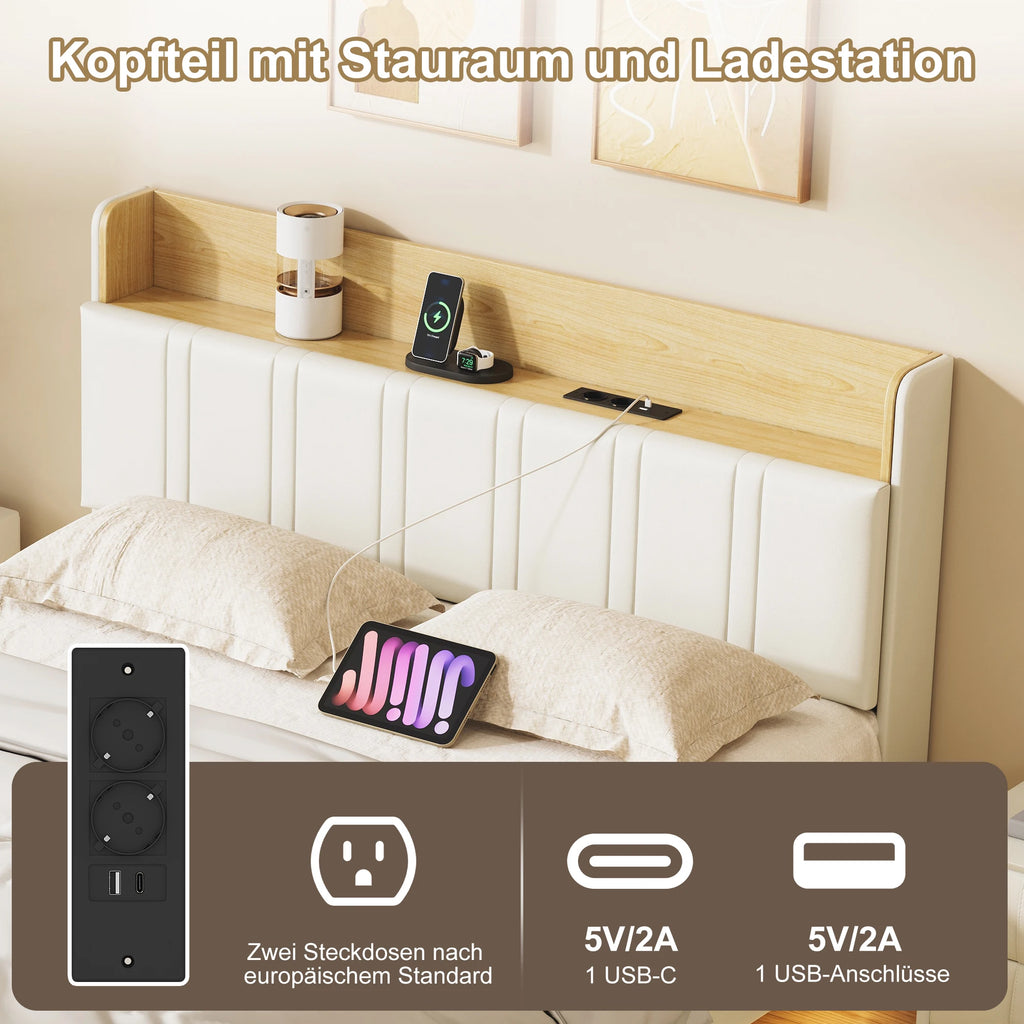 Rosahqnda Double Bed frame 140/160*200cm Floating Visual Effect bed with LED Lighting High Head Charging Station