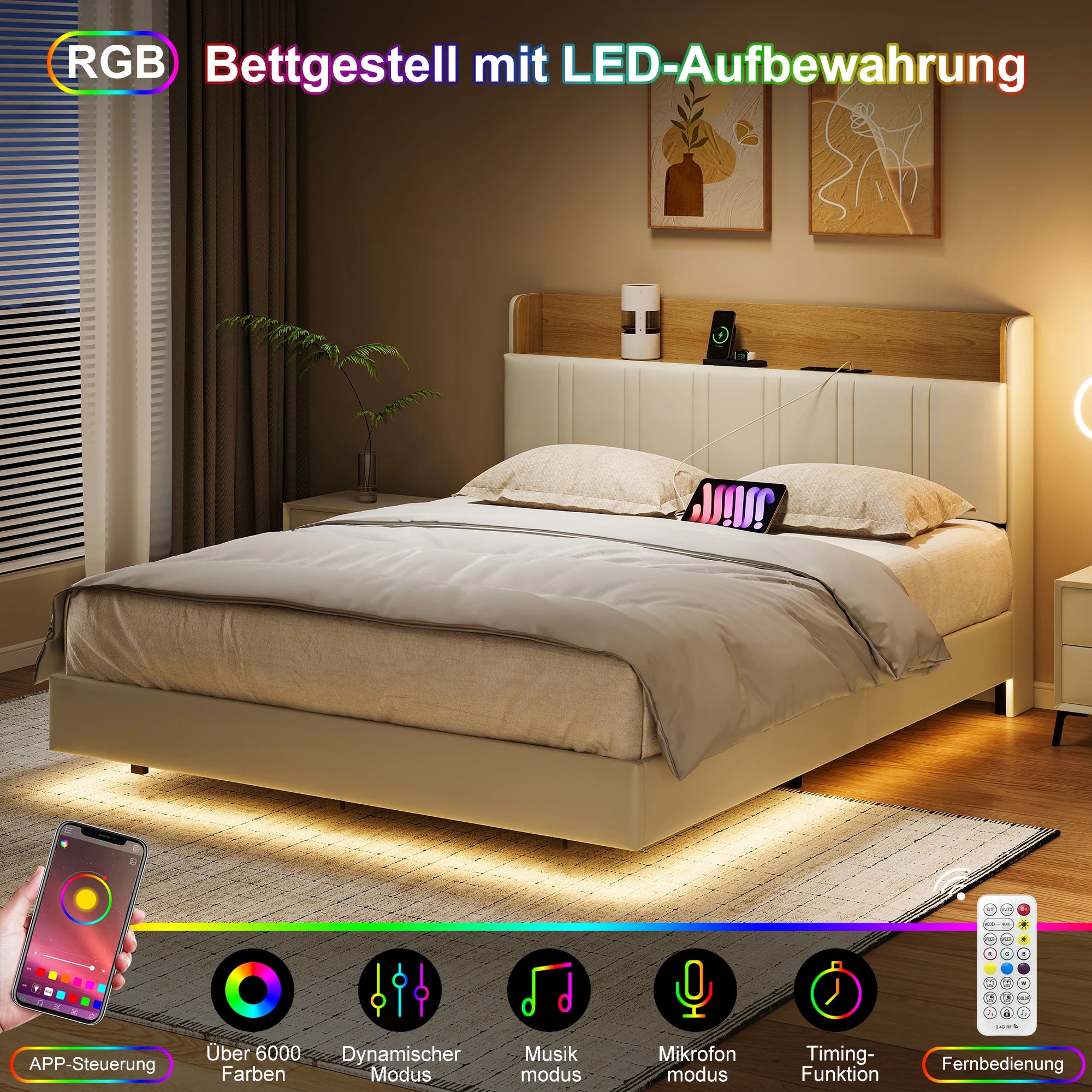 Rosahqnda Double Bed frame 140/160*200cm Floating Visual Effect bed with LED Lighting High Head Charging Station