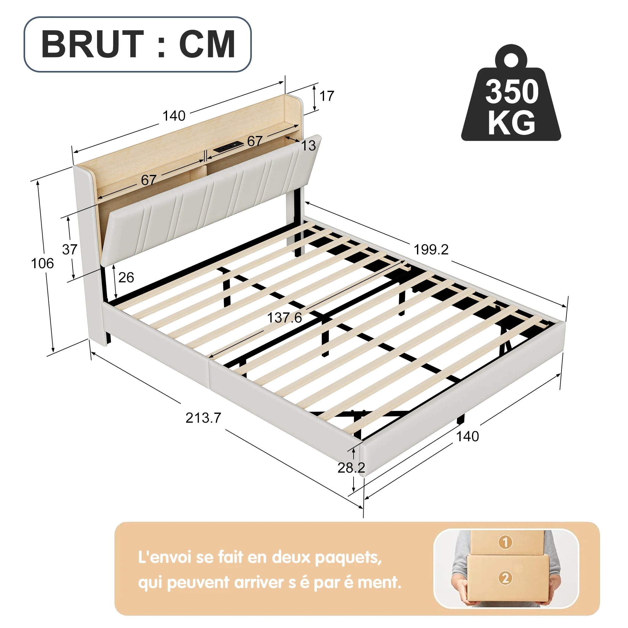 Rosahqnda Double Bed frame 140/160*200cm Floating Visual Effect bed with LED Lighting High Head Charging Station
